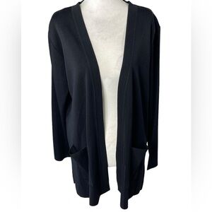 Misook Knit Black Open Cardigan, pockets, Medium Length, Shoulder Padded, Sz L